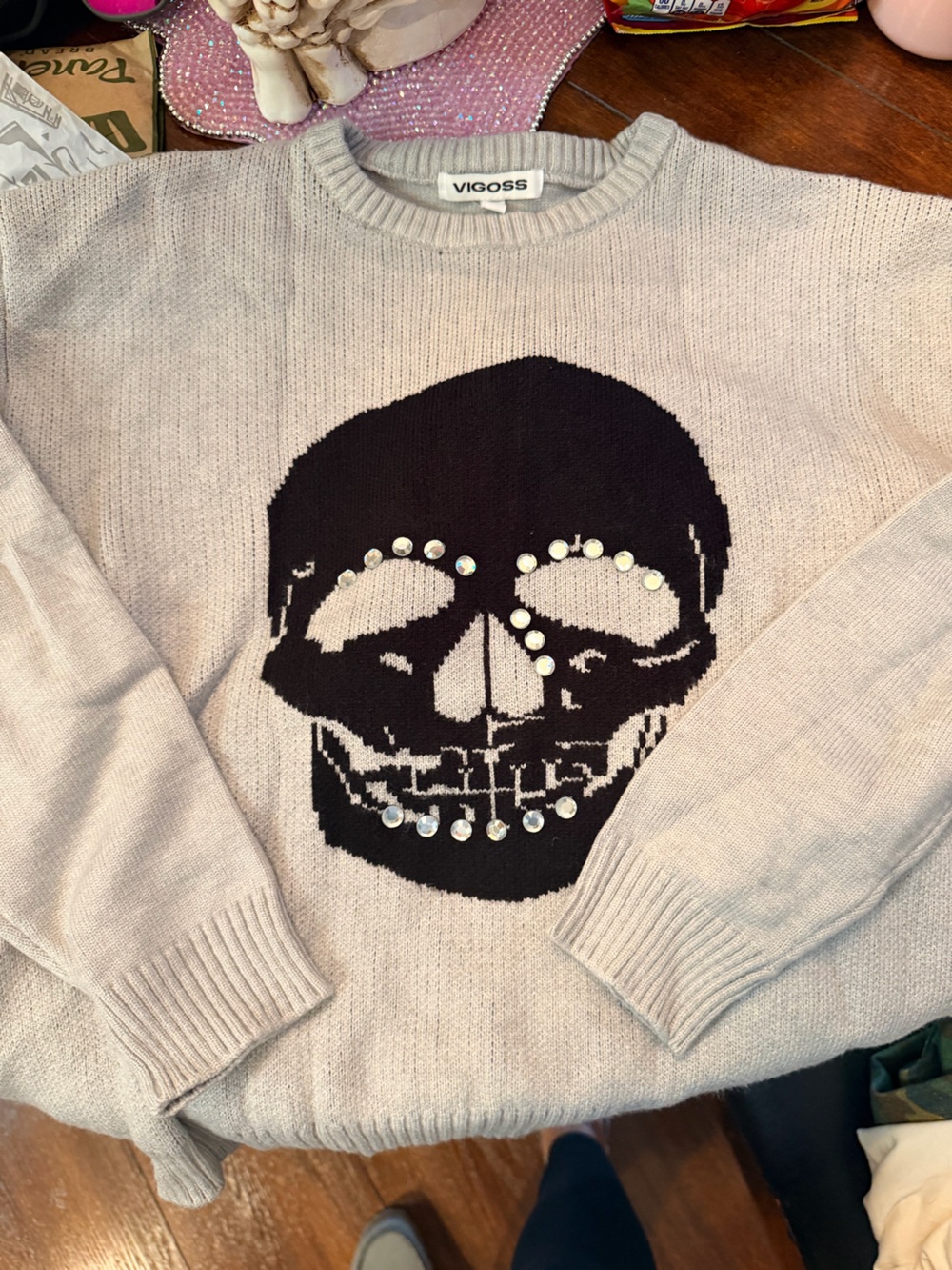 Vigoss Studded Skull Sweater Gray & Black Medium Halloween nwot